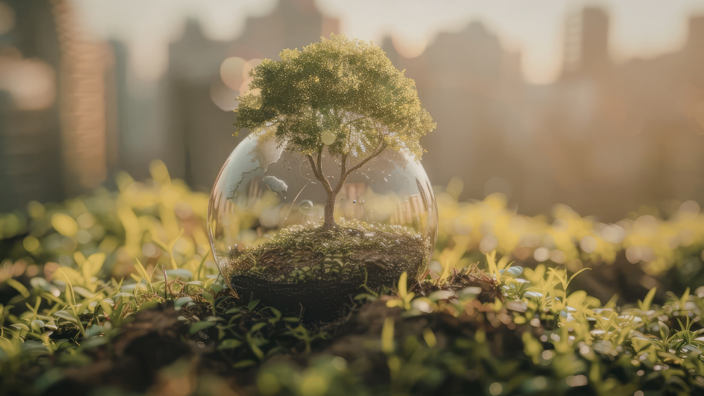 Szklana kula leżącą na trawie, w środku której znajduje się miniaturowe drzewko. W tle wielkie wieżowce.